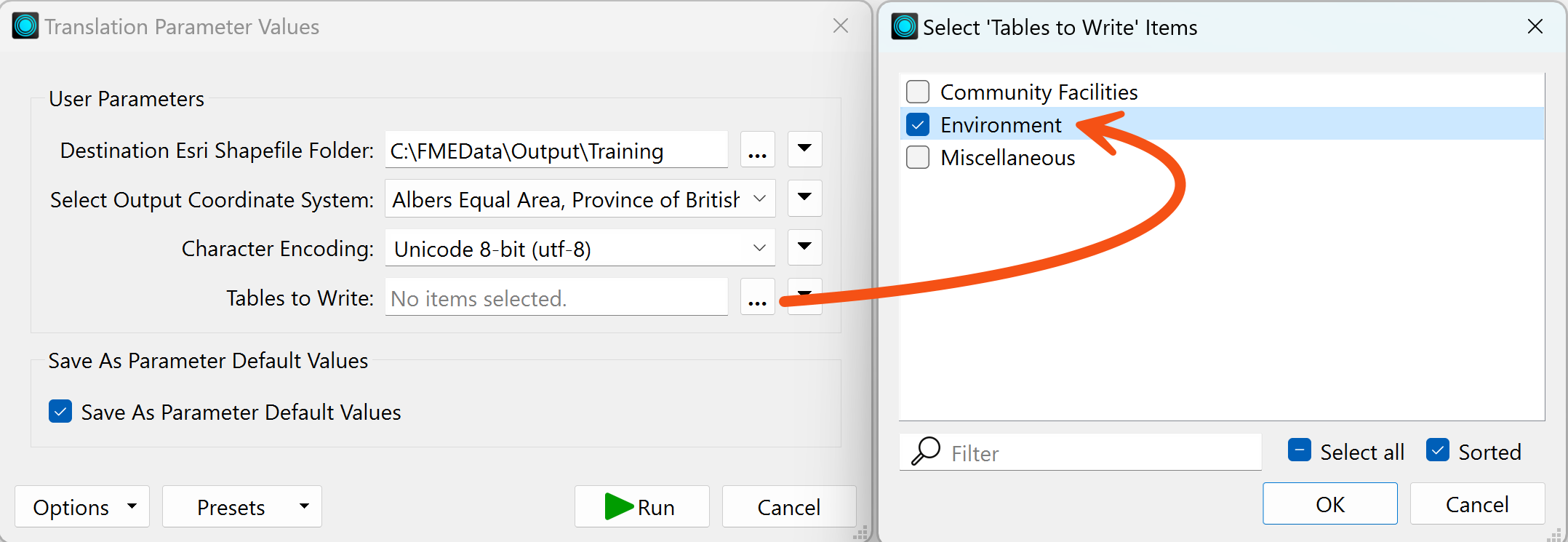 Running with user parameters and making a selection